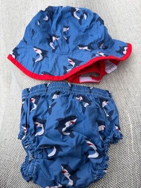 Pottery Barn Kids Blue Shark Sun Hat & Swim Diaper Duo with Red Trim
